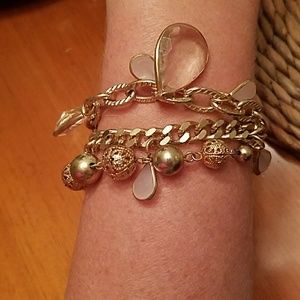 Gold bangle charm and chain bracelet